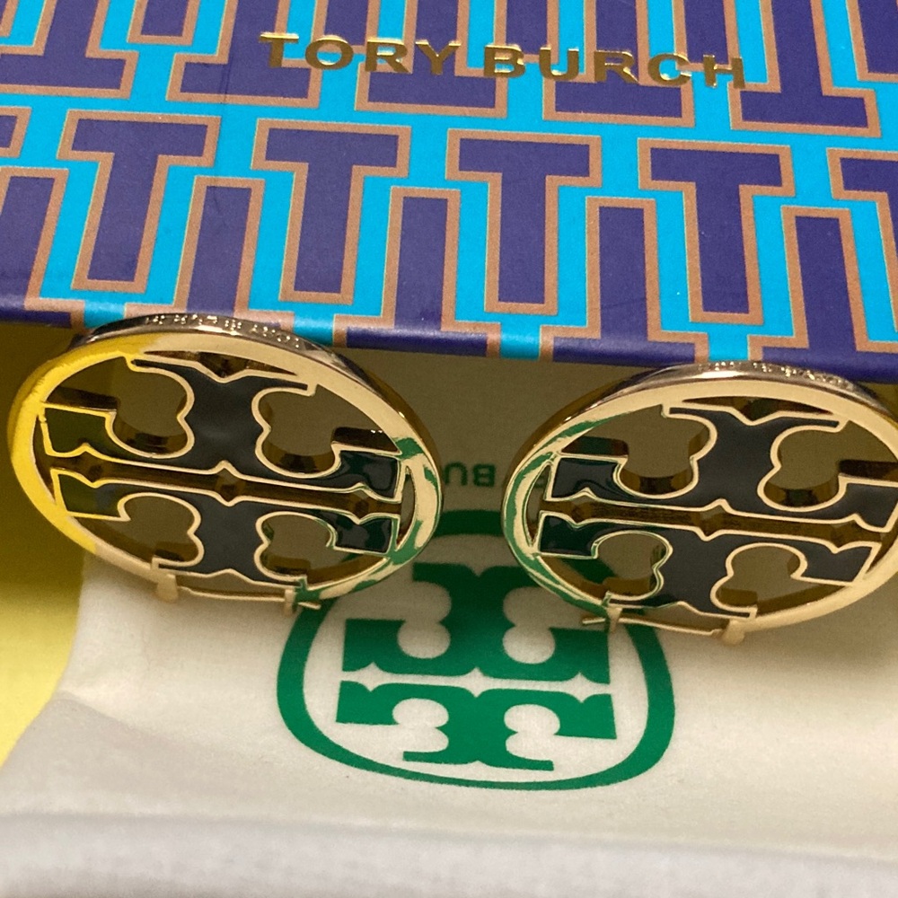 Tory Burch Gold Hoop Earrings with Black Enamel Logo - Picture 5 of 5